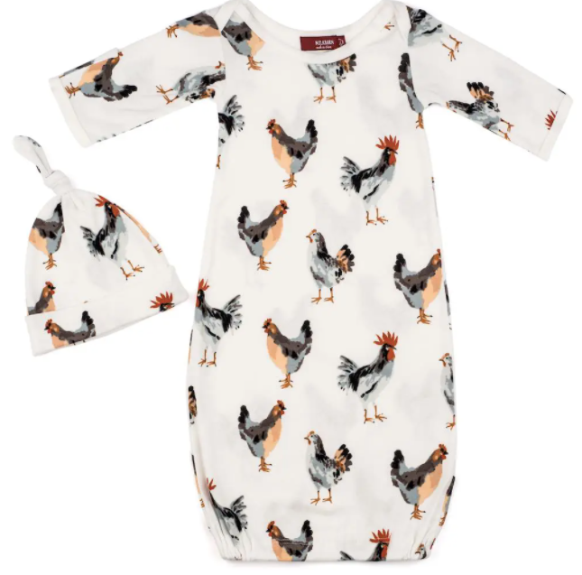 Chicken Organic Cotton Newborn Gown & Hat Set